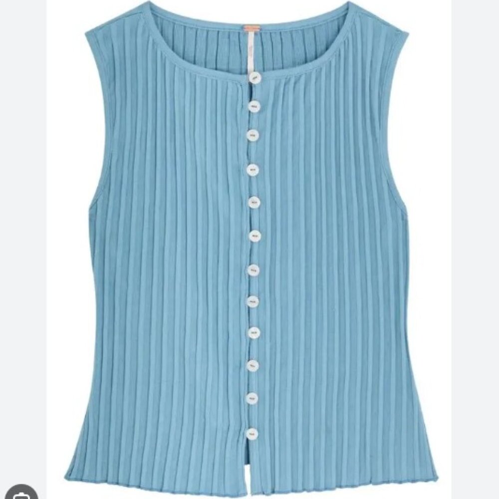 Free People Ribbed Button-Front Sleeveless Top in Light Blue